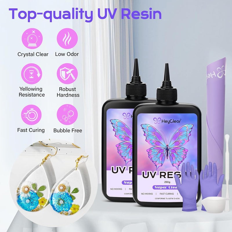 HeyClear 500g UV Resin kit -Crystal Clear, Hard Premixed UV Epoxy Resina para Manualidades Fast Curing with Silicone Mat for Beginners Jewelry Making, DIY Crafts Art, Casting Coating 250g x 2 - Image 5